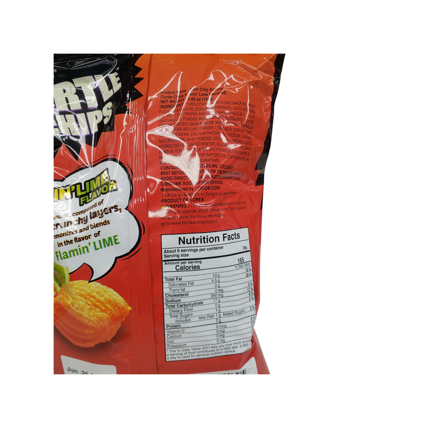 Orion Turtle Chips Flamin' Lime Flavored Snacks - Net weight 5.65oz